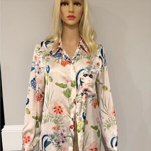 Zara Floral Satin Button Down Shirt